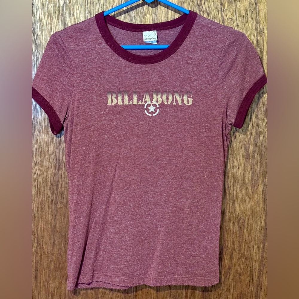 Billabong Burgundy Ringer Tee with Brown Logo Vintage Military Size Medium